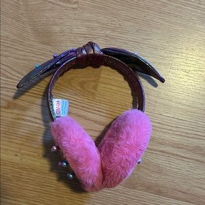 Girls Pink Fuzzy Ear Warmer Headband with Pearl Accents